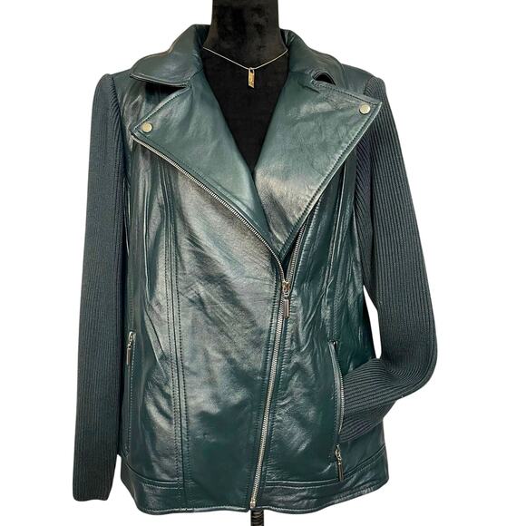 NWOT - Linea by Louis Dell'olio Forest Green Leather & Knit Motto Jacket - Picture 1 of 6
